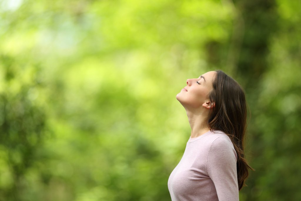 Relaxed woman breathing fresh air in a green forest Profile of a relaxed woman breathing fresh air in a green forest