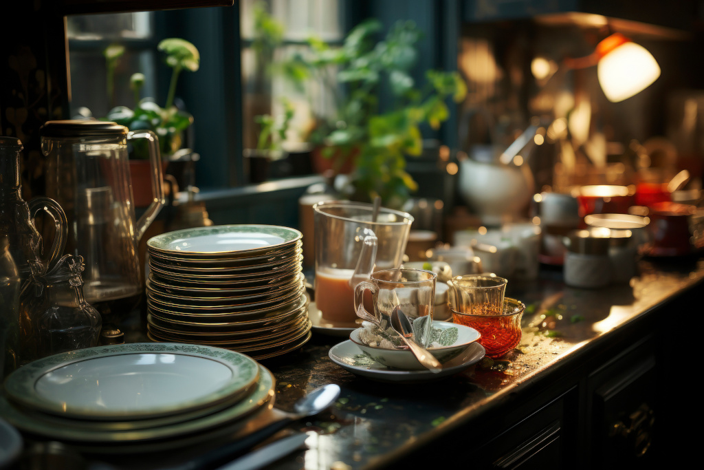 A mess in the kitchen, dirty dishes on the table, scattered things, unsanitary conditions. kitchen is untidy, everyday life A mess in the kitchen, dirty dishes on the table, scattered things, unsanitary conditions. kitchen is untidy, everyday life